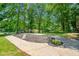 Spacious front yard featuring lush trees, manicured landscaping, and a circular driveway at 302 Davis Rd, Stockbridge, GA 30281