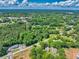 Aerial view showcasing the neighborhood's landscape, featuring lush greenery and scattered residences under a blue sky at 399 Chestnut St, Social Circle, GA 30025