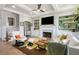 Cozy living room with fireplace, built-in shelving, and staircase at 5850 Overlook Rdg, Suwanee, GA 30024