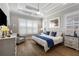 Comfortable bedroom features tray ceiling, hardwood floors, and natural light at 5850 Overlook Rdg, Suwanee, GA 30024