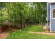 Green backyard with wood fencing and an outdoor seating area with mature trees at 8260 Overview Ct, Roswell, GA 30076