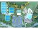 Wide aerial shot showcasing community amenities including tennis courts, pools, parking, and green spaces at 3456 Glen Mist Pl, Dacula, GA 30019