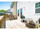 Outdoor wooden deck features outdoor seating, grill and white siding on the back of the home at 458 Bishop Ln, Woodstock, GA 30188