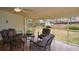 Relaxing screened-in porch with comfortable seating arrangements and views of the landscaped backyard at 118 Heritage Way, Peachtree City, GA 30269