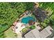 Aerial shot of the backyard featuring a pool, firepit, mature landscaping and multiple outdoor seating areas at 3456 Drayton Ne Dr, Roswell, GA 30075
