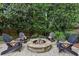 Outdoor fire pit area featuring stone surround, Adirondack chairs, and mature landscaping at 3456 Drayton Ne Dr, Roswell, GA 30075