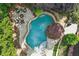 Aerial view of private pool and stone patio with fire pit surrounded by manicured landscaping at 3456 Drayton Ne Dr, Roswell, GA 30075