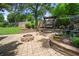 Beautifully landscaped backyard with a brick patio, fire pit, retaining wall and garden bed at 503 Bonnie Dr, Woodstock, GA 30188