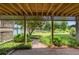 Covered back patio with brick flooring and a view of the lake and landscaped yard at 635 Stone Harbor Sw Pkwy, Marietta, GA 30060