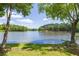 Scenic view of the lake, framed by trees, showcasing the property's tranquil setting at 635 Stone Harbor Sw Pkwy, Marietta, GA 30060