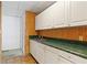 A kitchenette is located in the basement with white cabinets and vintage green countertops at 124 Crown Walk, Mcdonough, GA 30253