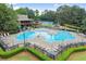Aerial view of a stunning community pool and recreational area surrounded by lush greenery and ample seating at 8032 Ridge Vly, Woodstock, GA 30189