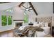 Stunning main bedroom with a fireplace, exposed beams and large windows at 615 Nw Mark Trail Nw Ct, Atlanta, GA 30328