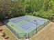 Aerial view of community tennis courts with a green and blue court surface surrounded by mature trees at 3123 Morgan Box Ln, Buford, GA 30519
