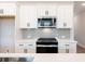 Bright kitchen featuring stainless steel appliances, white cabinets, and grey backsplash at 4523 Moray Dr, Mableton, GA 30126