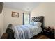 Comfortable bedroom with tufted leather headboard and coordinated blue bedding, well lit by a window at 2755 Greenbridge Dr, Norcross, GA 30071