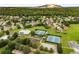 Aerial view showcases community amenities including tennis courts, a playground, and a swimming pool at 5917 Southland Dr, Stone Mountain, GA 30087