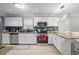 Beautiful kitchen features granite countertops, stainless steel appliances, mosaic backsplash, and island seating at 1439 Alice Ave, Lithonia, GA 30058