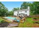 Backyard features a large in-ground pool, patio, deck, and lush green lawn surrounded by trees at 1825 Crescent Rdg, Cumming, GA 30041