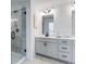 Bright bathroom featuring a glass shower, neutral color palette, and stylish vanity with modern lighting at 6236 Kenbrook Dr, Tucker, GA 30084