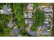 An aerial neighborhood shot of upscale houses with lush landscaping, pools, and mature trees at 8109 Lawnview, Alpharetta, GA 30022