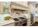 Close-up of a kitchen range with custom vent hood and elegant marble backsplash at 8109 Lawnview, Alpharetta, GA 30022