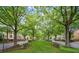 Charming street view featuring tree-lined medians, benches, and elegant homes, ideal for peaceful strolls at 8109 Lawnview, Alpharetta, GA 30022