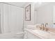 Clean bathroom with shower, tub, toilet and marble countertop sink at 9115 Nesbit Lakes Dr, Alpharetta, GA 30022