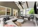 Relaxing screened porch with a comfortable sectional sofa, dining table, and outdoor fireplace at 1626 Gilstrap Nw Ln, Atlanta, GA 30318