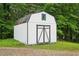 White exterior shed offering storage for gardening and outdoor equipment at 1960 W Hightower Trl, Conyers, GA 30012
