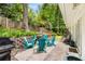 Outdoor patio with blue chairs, grill, and landscaping for entertaining at 504 Kingswood Nw Ln, Atlanta, GA 30305