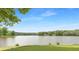 Beautiful lake view with a lush green lawn, perfect for outdoor relaxation and enjoying nature at 160 Old Mill Ct, Fayetteville, GA 30214