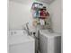 Laundry room with stacked shelving and white washer and dryer at 1690 Cedar Grove Dr, Marietta, GA 30066