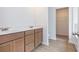 Bathroom featuring a double vanity, wood cabinets, and a view into the walk-in closet at 174 Bloomfield Cir, Canton, GA 30114