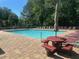Community pool featuring lounge chairs, picnic table, and mature landscaping at 804 Rose Creek Walk, Woodstock, GA 30189