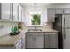 Close up of kitchen featuring stainless steel appliances and stylish grey cabinetry with backyard views at 340 Monivea Ln, Roswell, GA 30075