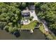 An aerial view showcases the estate with a lakefront view, in-ground pool, and manicured lawn at 4095 E Highway 166 Hwy, Carrollton, GA 30116
