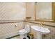 Elegant powder room featuring a pedestal sink, decorative wallpaper, and a classic design at 5360 Northwater Way, Duluth, GA 30097