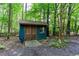 Charming backyard storage shed with double doors and small window, situated in a wooded area at 5010 Bonnie Way, Roswell, GA 30075