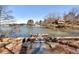 Scenic lake view with a dock, lush greenery, and a charming house in the background at 320 Dodd Ln, Alpharetta, GA 30005