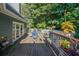 Outdoor wooden deck with dining area, lounge seating, and a view of lush greenery at 111 Springshade Ln, Canton, GA 30114