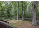 Scenic backyard view showing mature trees, lawn and wood fence. Accessorized with wood stairs and deck at 429 Orchard Dr, Stone Mountain, GA 30083