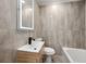 Tiled bathroom featuring a sleek vanity, backlit mirror, and shower/tub combo at 2828 Cloverhurst Dr, Atlanta, GA 30344