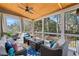 Cozy screened-in porch featuring comfortable seating, ceiling fan, and views of backyard at 3640 Ridgeway Ter, Suwanee, GA 30024