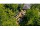 Aerial view of the backyard with garden beds, a seating area with a fire pit, and a small pool with a wooden deck at 1545 Montreat Sw Pl, Atlanta, GA 30311