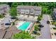 Overhead view of brick townhomes with a refreshing community pool at 2187 Elmont Se Way, Smyrna, GA 30080