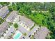 Aerial view of townhomes with brick and siding nestled in a lush, green community at 2187 Elmont Se Way, Smyrna, GA 30080