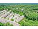 Birds eye view of neighborhood, showcasing community pool, townhomes, and surrounded by lush green trees at 2187 Elmont Se Way, Smyrna, GA 30080