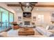 Inviting living room featuring a fireplace, hardwood floors, beamed ceiling, and access to the outdoor deck at 232 Heron Pointe Vw, Canton, GA 30114
