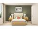 Stylish bedroom with olive green walls, neutral bedding, decorative pillows, and modern bedside tables at 2489 Cotton Ln, Douglasville, GA 30135